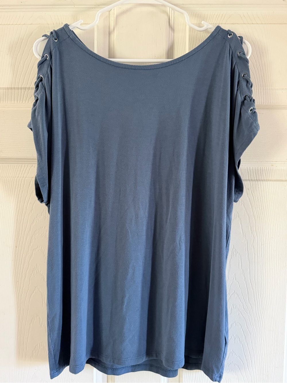 Tahari Slate Blue Lace-Up Shoulder Short Sleeve Top